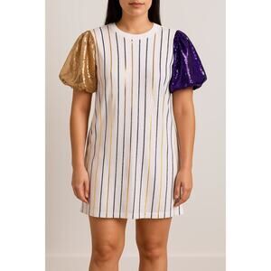 Queen of Sparkles Mardi Gras Puff Sleeve Sequin Stripe Top White Small